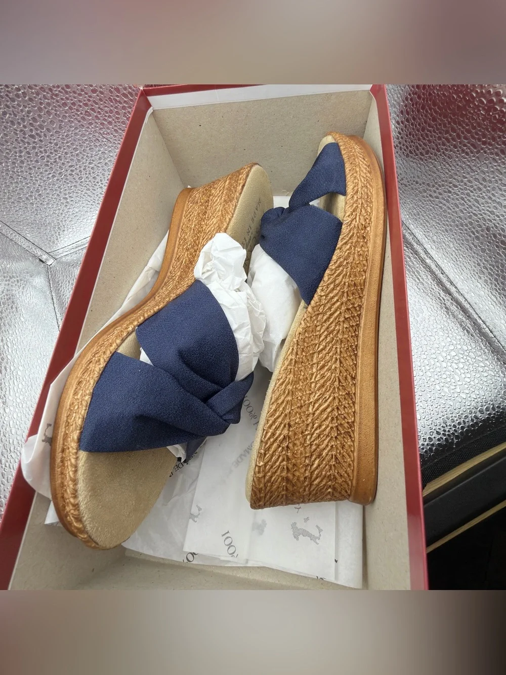 easy street Navy Knotted Espadrille Wedge Slide